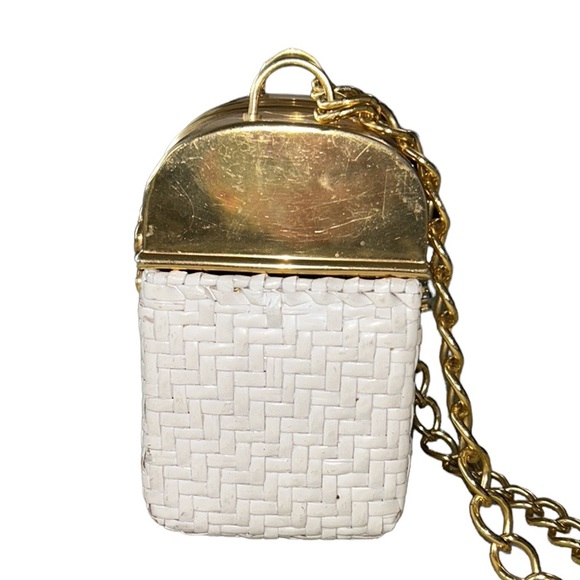 RARE Sacha Vintage White Wicker Straw Gold Curved Chain Strap Basket Box Purse - Picture 10 of 16
